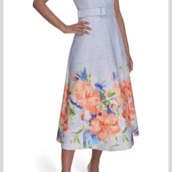Calvin Klein Dresses & Skirts - Calvin Klein Light Blue Midi Dress with Orange Floral Border
